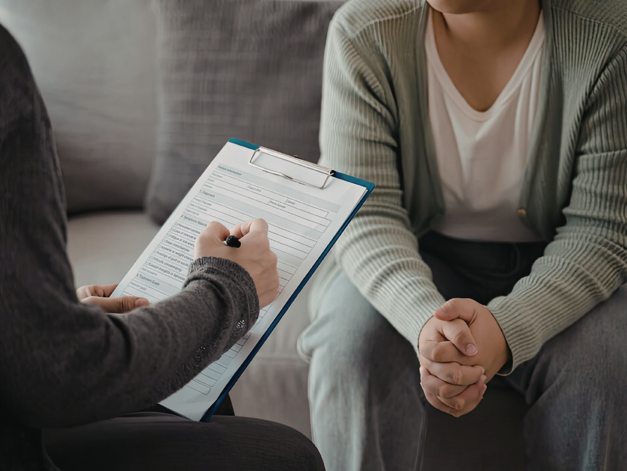 Therapist taking notes while seated client listens with hands clasped on a couch