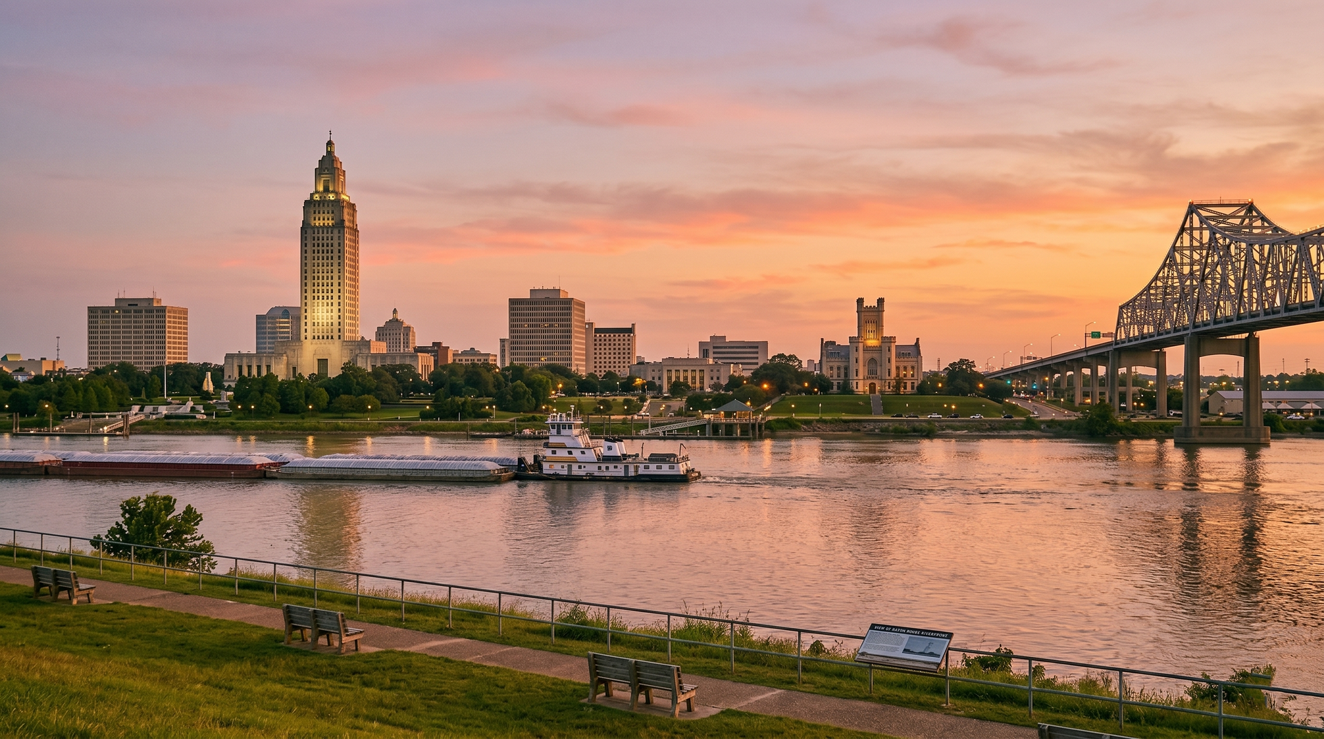 Family standing by a river at sunset, with a city skyline and bridge in the background.