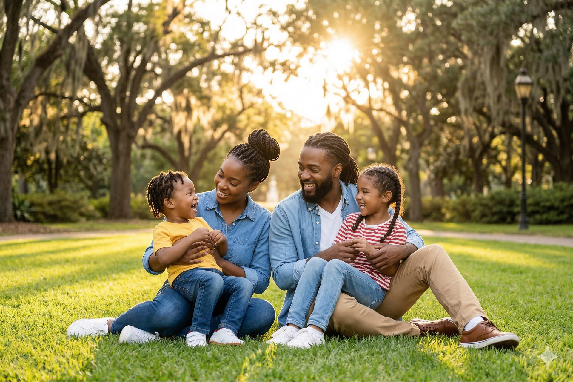 Family sitting on grass in a sunny park, smiling and chatting together.