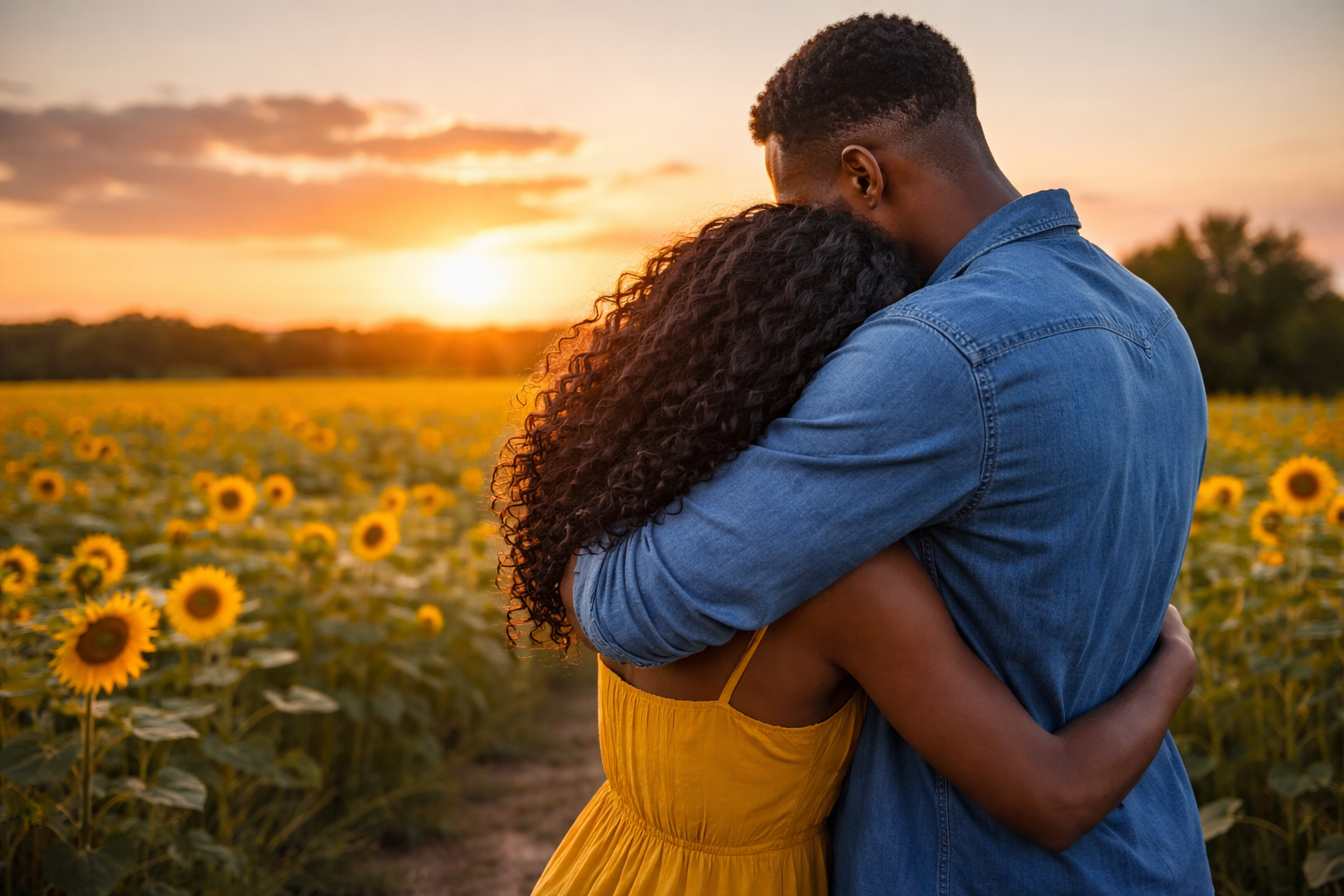 Couple embracing in a sunflower field at sunset.