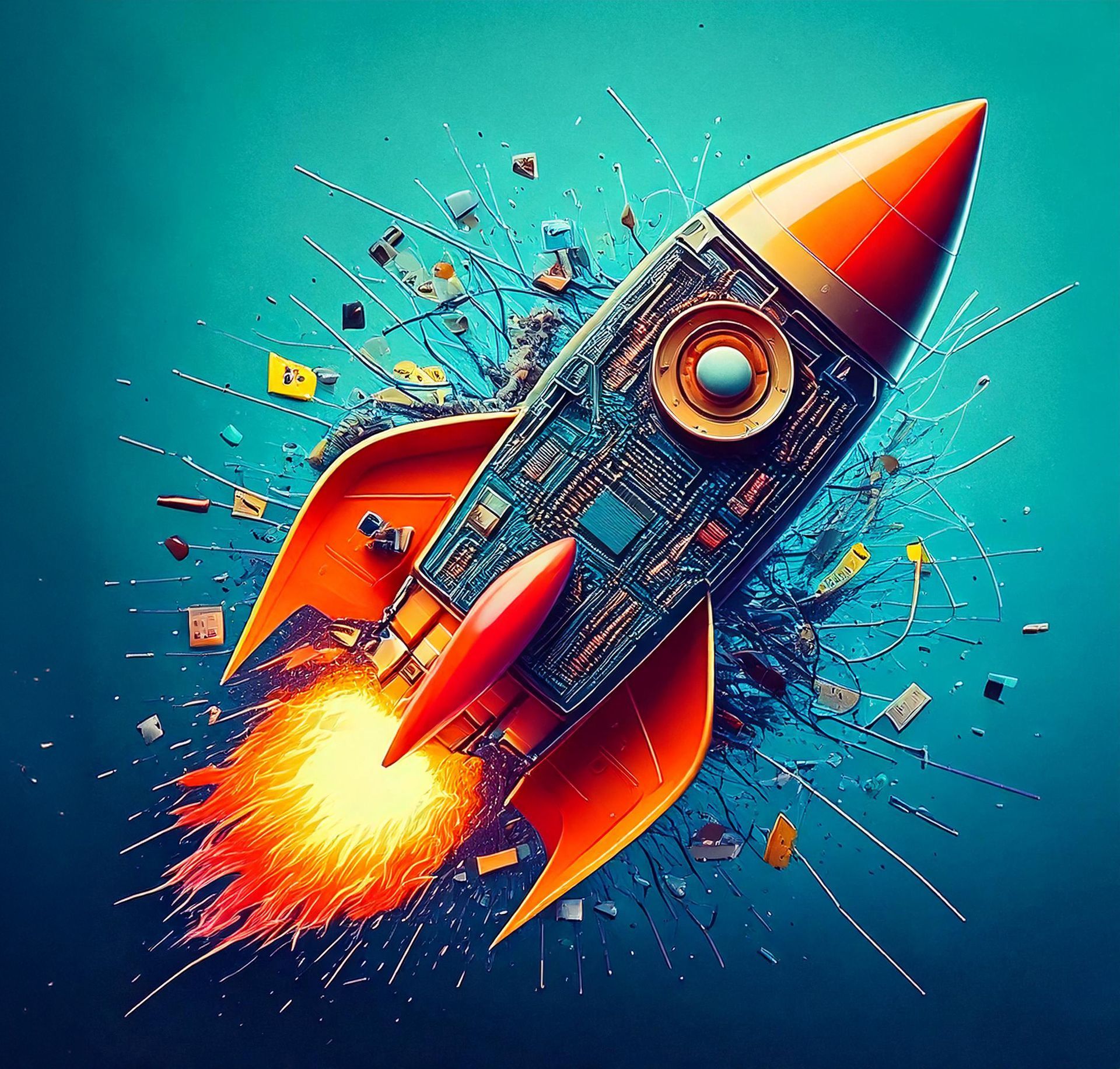Rocket made of computer parts representing IT support accelerating business growth.