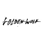 A black and white logo for golden wolf on a white background.