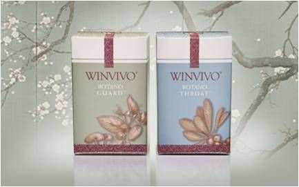 Two boxes of WinVivo brand supplements, Botano Guard and Botano Throat, centered against a blurred floral background.