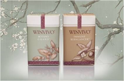 Two Winvivo product boxes, Botano Guard and Immune Rebalancer, displayed side-by-side against a tree branch background.