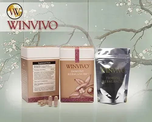 WinVivo Immune Rebalancer supplements, packaging, and capsules. Beige, brown, silver colors, and a floral background.