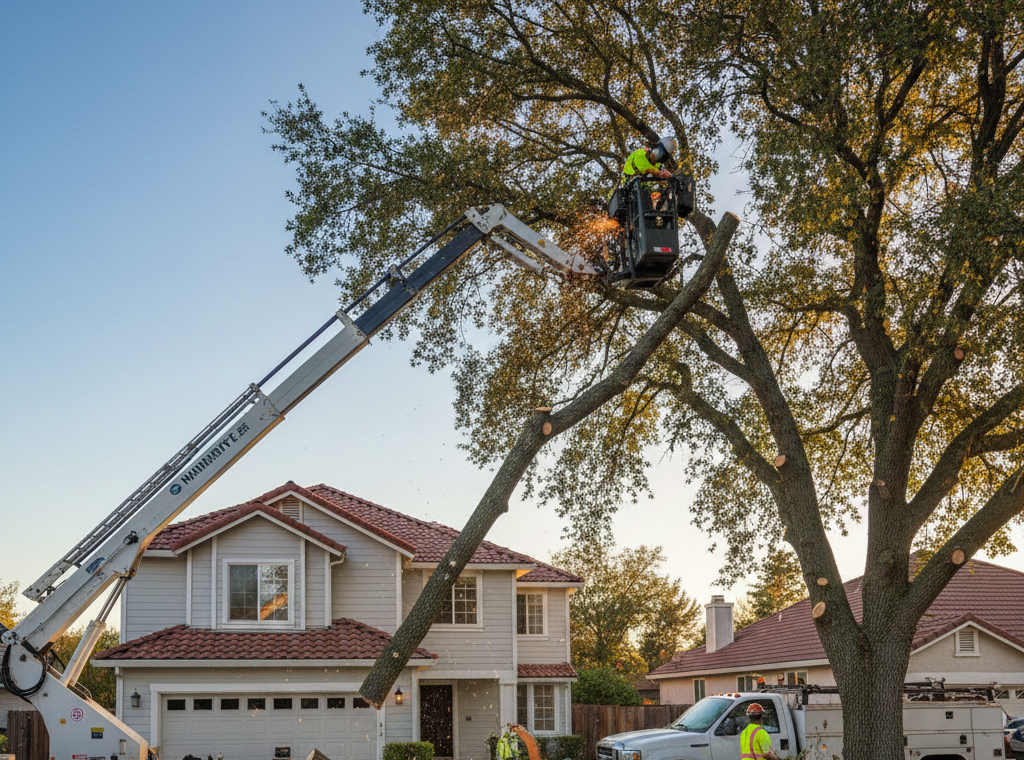 A tree service worker in a lift bucket trims branches from a large tree in front of a two-story suburban house.