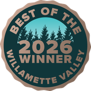 Award badge reading “Best of the Willamette Valley 2026 Winner” with forest silhouette on teal background