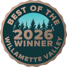 Award badge reading “Best of the Willamette Valley 2026 Winner” with forest silhouette on teal background