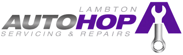 Lampton Autohop auto repair logo with gray and purple text and a wrench icon