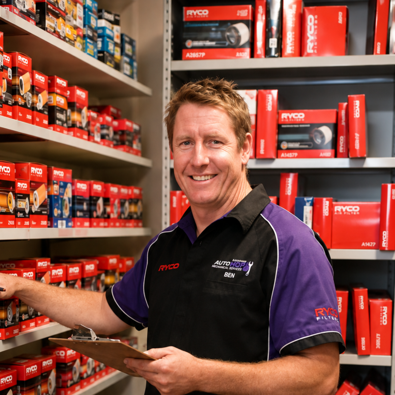 Employee in a red- and black-stocked auto parts aisle, smiling and holding a clipboard.
