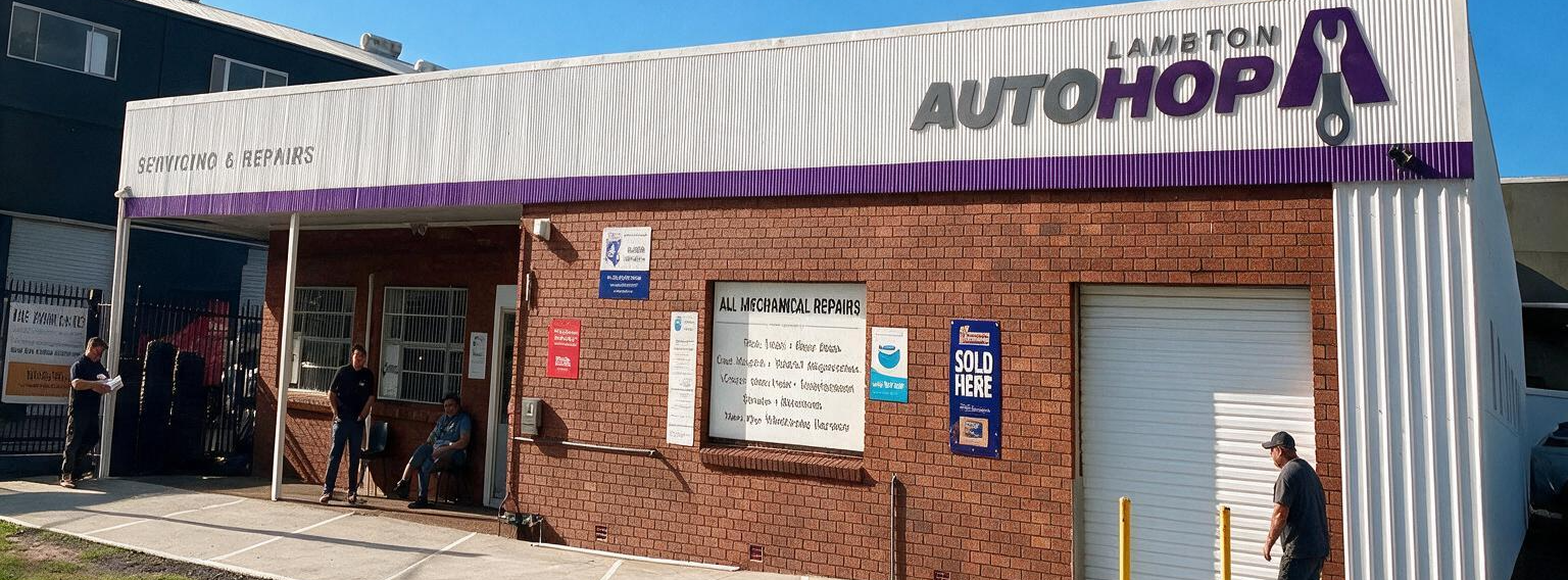 Storefront with “AUTOMOTOP” sign, brick facade, windows, and a person standing by the entrance