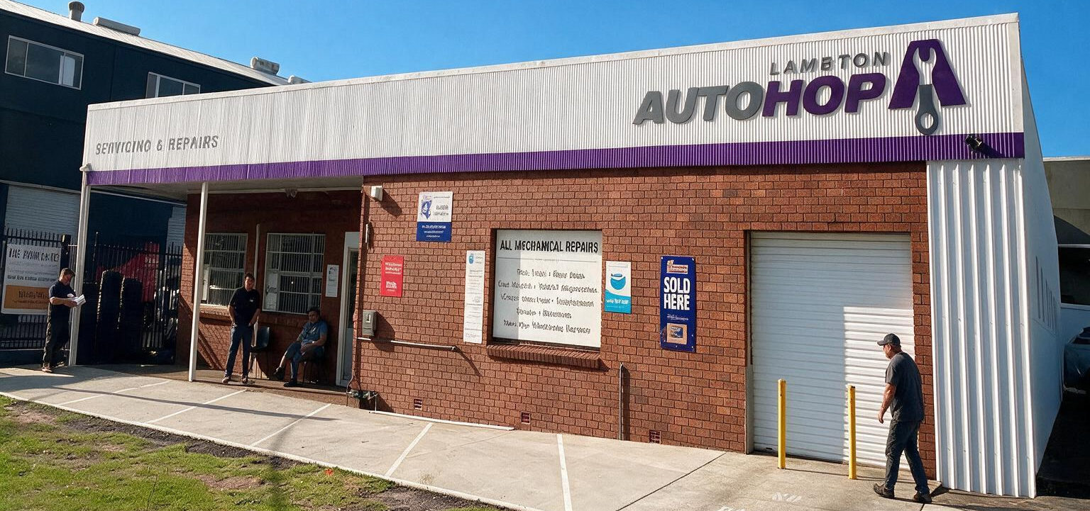 Autohop storefront with corrugated metal facade, brick front, and a person standing by the right-side entrance
