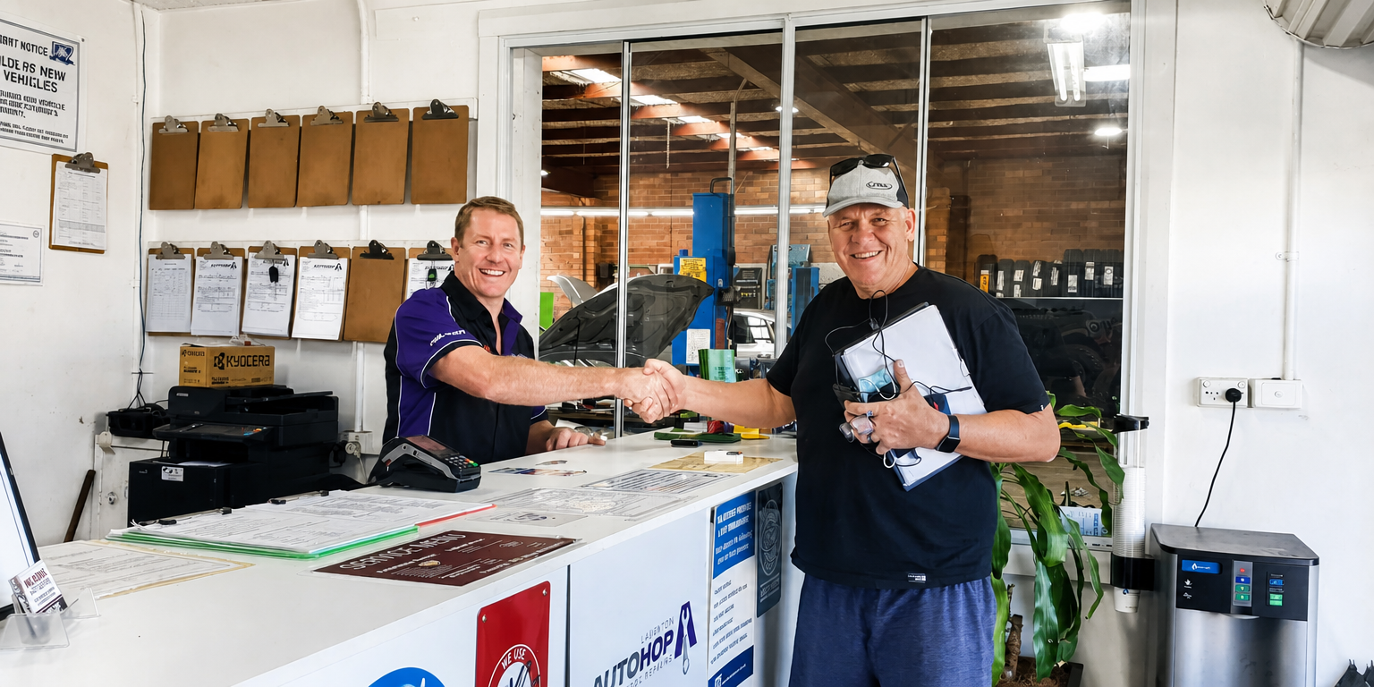 Mechanic in purple shirt working on a car brake in an auto shop, smiling beside a lifted vehicle