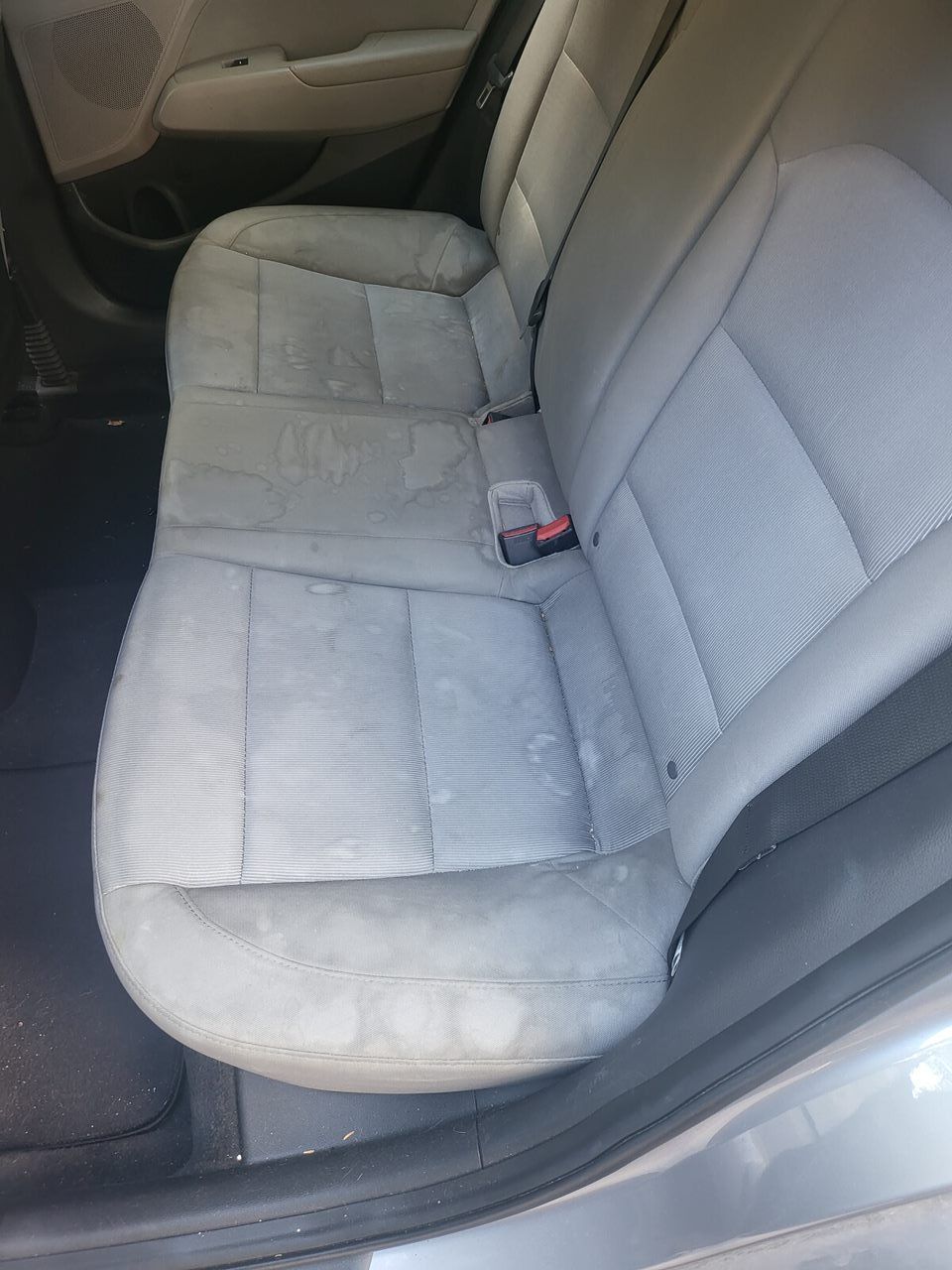 Gray cloth car back seat with seatbelt and visible texture.