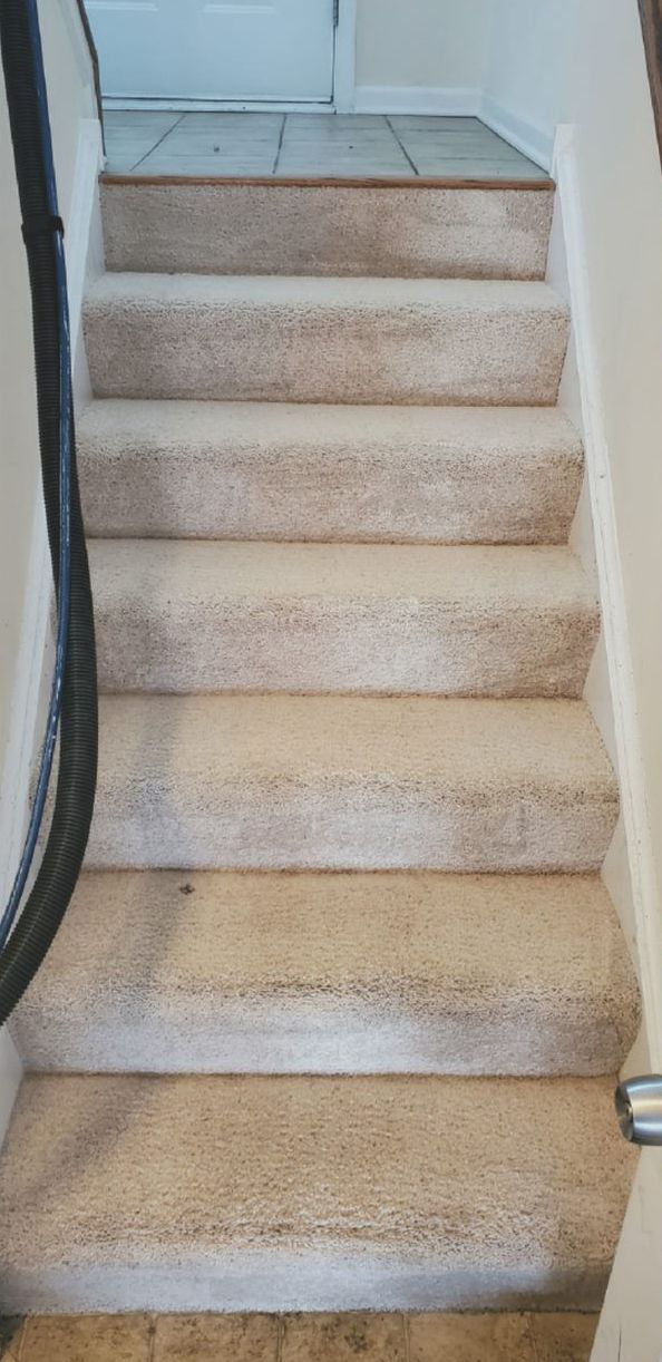 Staircase with beige carpet leading up to a tiled landing. A black hose runs along the left.