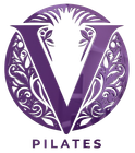 A purple and white logo for pilates with a v in the center