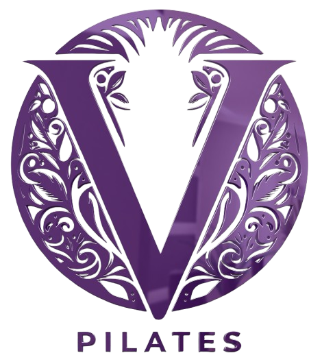 A purple and white logo for pilates with a v in the center