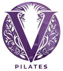 A purple and white logo for pilates with a v in the center