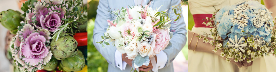 Three bouquets of pastel roses and mixed flowers in soft pink, purple, blue, and cream tones