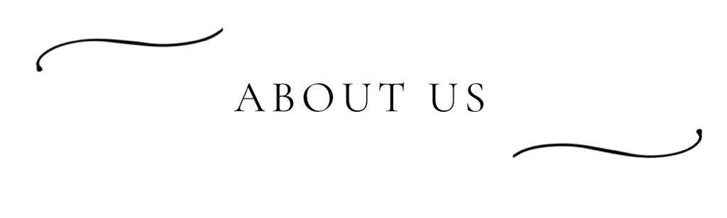 “About Us” text with decorative black flourishes on a white background