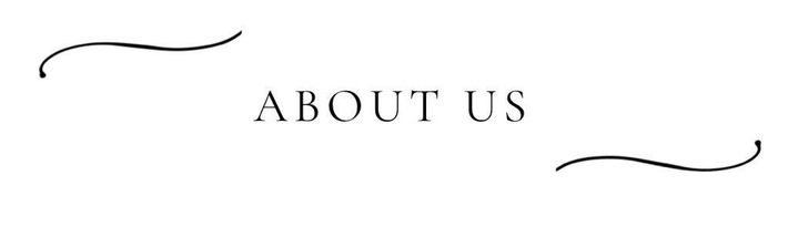 “About Us” text centered with decorative black swirls on a white background