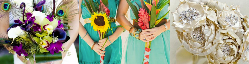 Bouquets and turquoise-clad bridesmaids holding sunflowers, with a white floral bouquet on the right