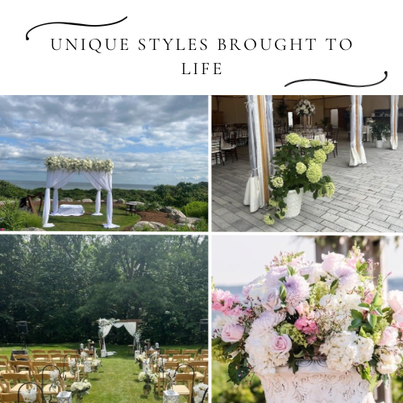 Wedding floral decor collage with white and pastel arrangements at outdoor venues
