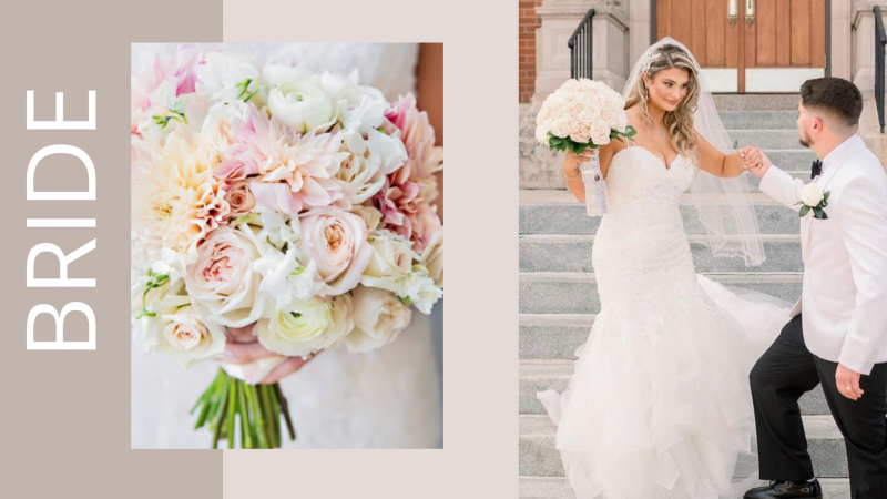 Bride bouquet collage: pastel pink and white bridal bouquet, and bride holding it on church steps with groom