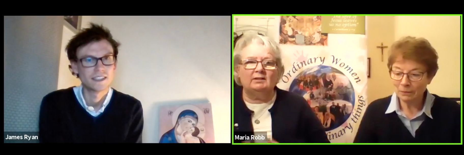 A man and two women are talking on a video call.
