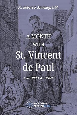 Book cover: St. Vincent de Paul holding a baby, helping a poor man. Purple tones.