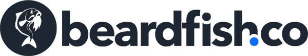a logo for beardfish.co with a fish on it .
