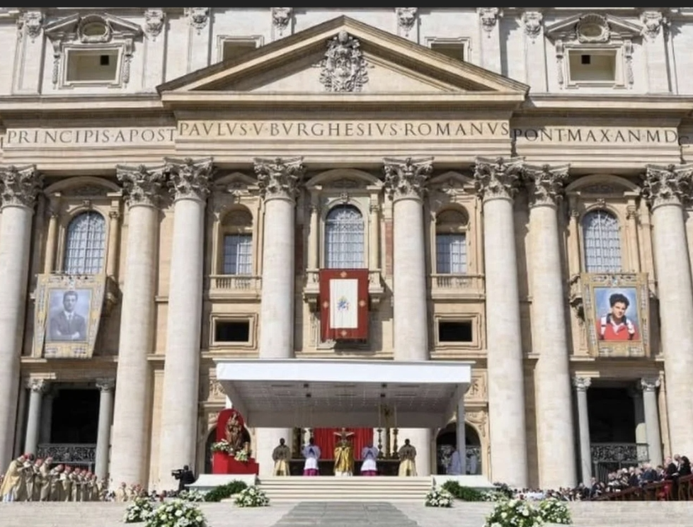 St. Peter's Basilica facade with a ceremony in progress. People are gathered near the altar, banners displayed.