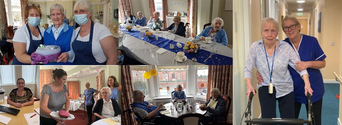 A collage of photos of people in a nursing home.