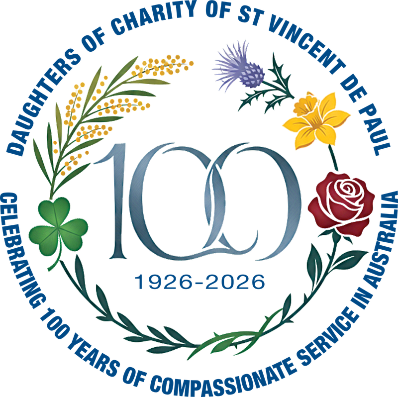 Daughters of Charity 100th anniversary emblem with flowers, clovers, and “1926–2026” in blue and green.