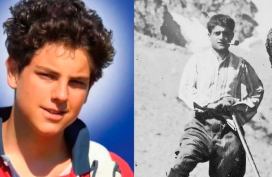 Two photos of a man: one young with curly hair; the other older, in the mountains with a walking stick.