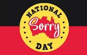National Sorry Day graphic with Aboriginal flag background and map of Australia.