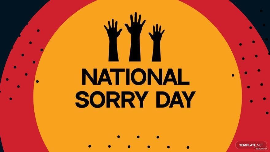 National Sorry Day graphic with hands raised, and an orange circle on a red and blue background.