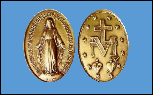 Two-sided gold oval miraculous medal. One side: Virgin Mary. Other side: Cross,