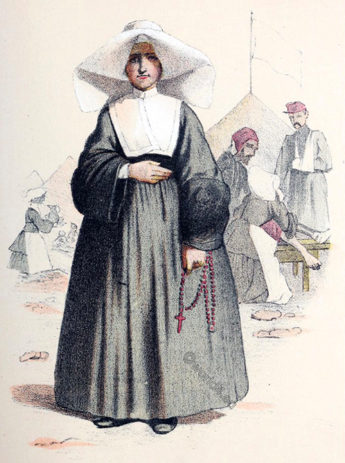 a painting of Blessed Rosalie Rendu holding a rosary in front of a group of people 