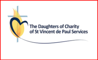Logo: A flame with a heart, cross, and text for The Daughters of Charity of St Vincent de Paul Services.