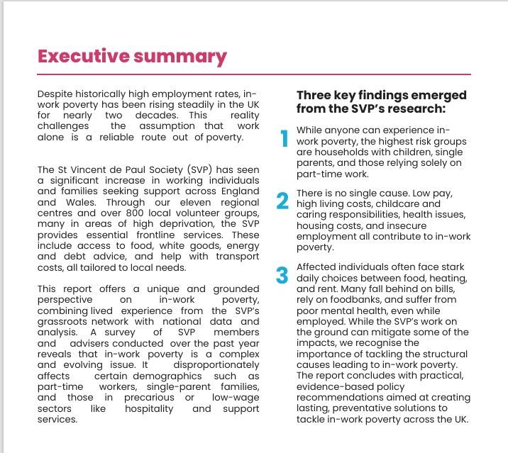 Executive summary of a report on in-work poverty in the UK, highlighting key findings and recommendations.