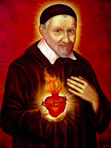 A painting of St Vincent de Paul holding co founder of the Daughters of Charity the sacred heart