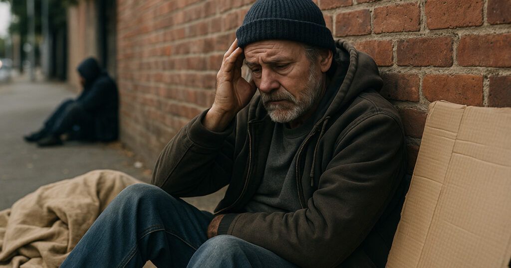 Man experiencing homelessness, sitting on the street next to a brick wall, looking distressed.