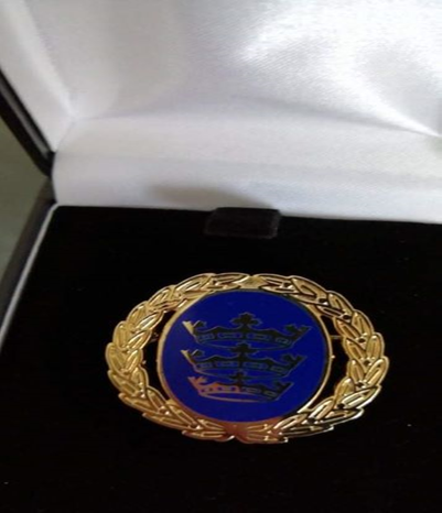 A gold and blue badge with a crown on it