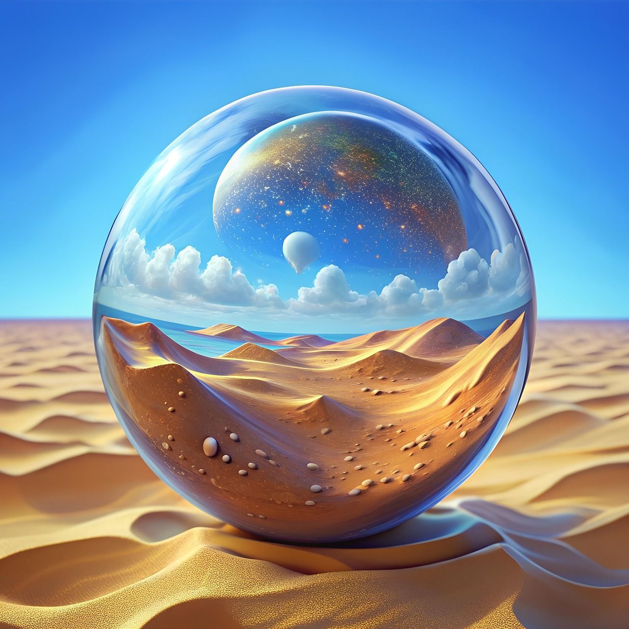 Crystal ball reflects a planet, sky and desert landscape. Blue sky, white clouds, golden dunes.