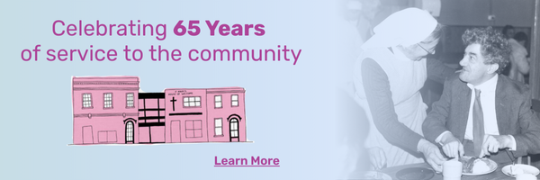 Banner celebrating 65 years of service, featuring a pink building illustration and a grayscale photo of two people.