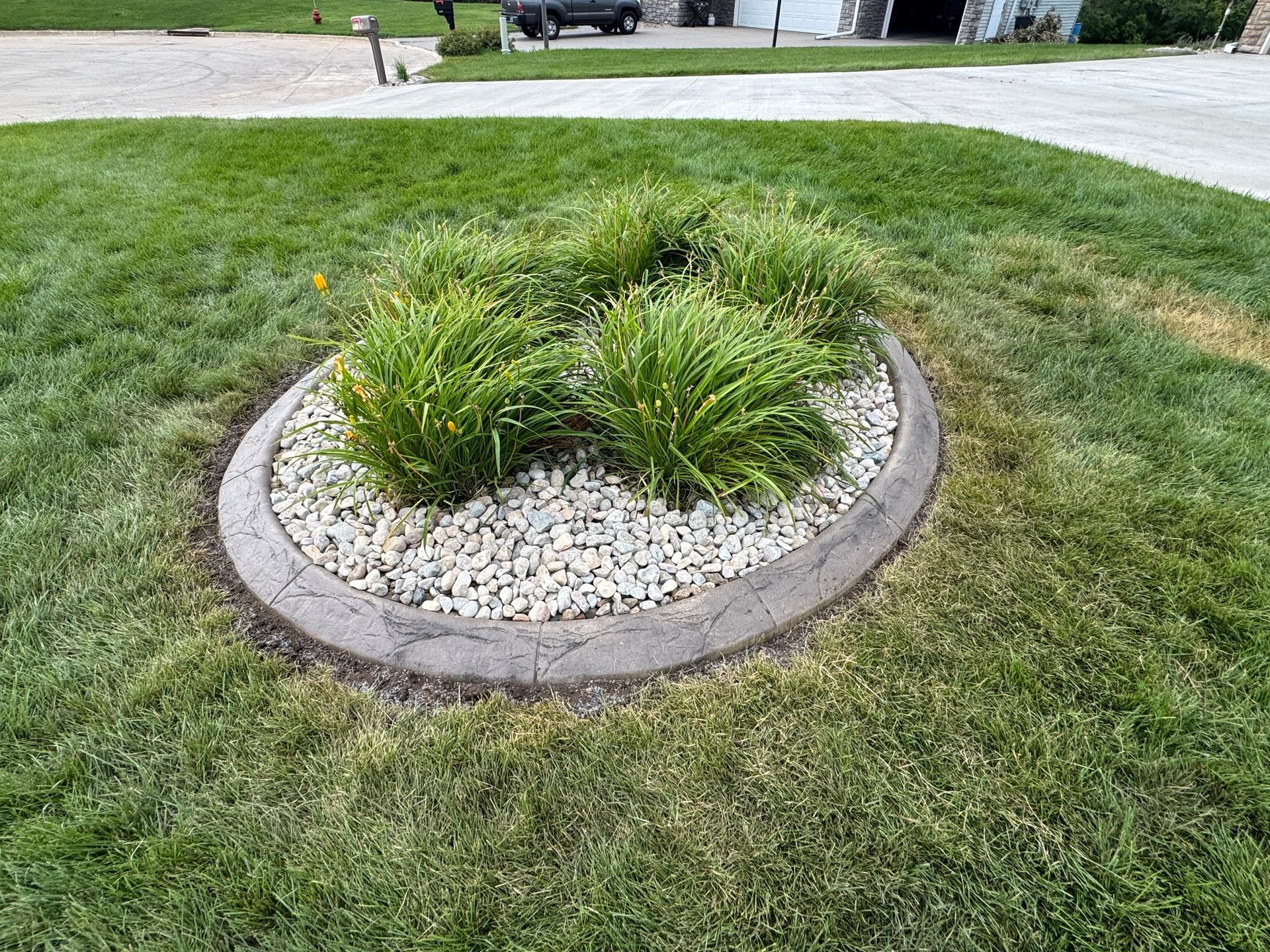 Circular garden bed with green shrubs and white rocks, bordered by stone, in a grassy yard.