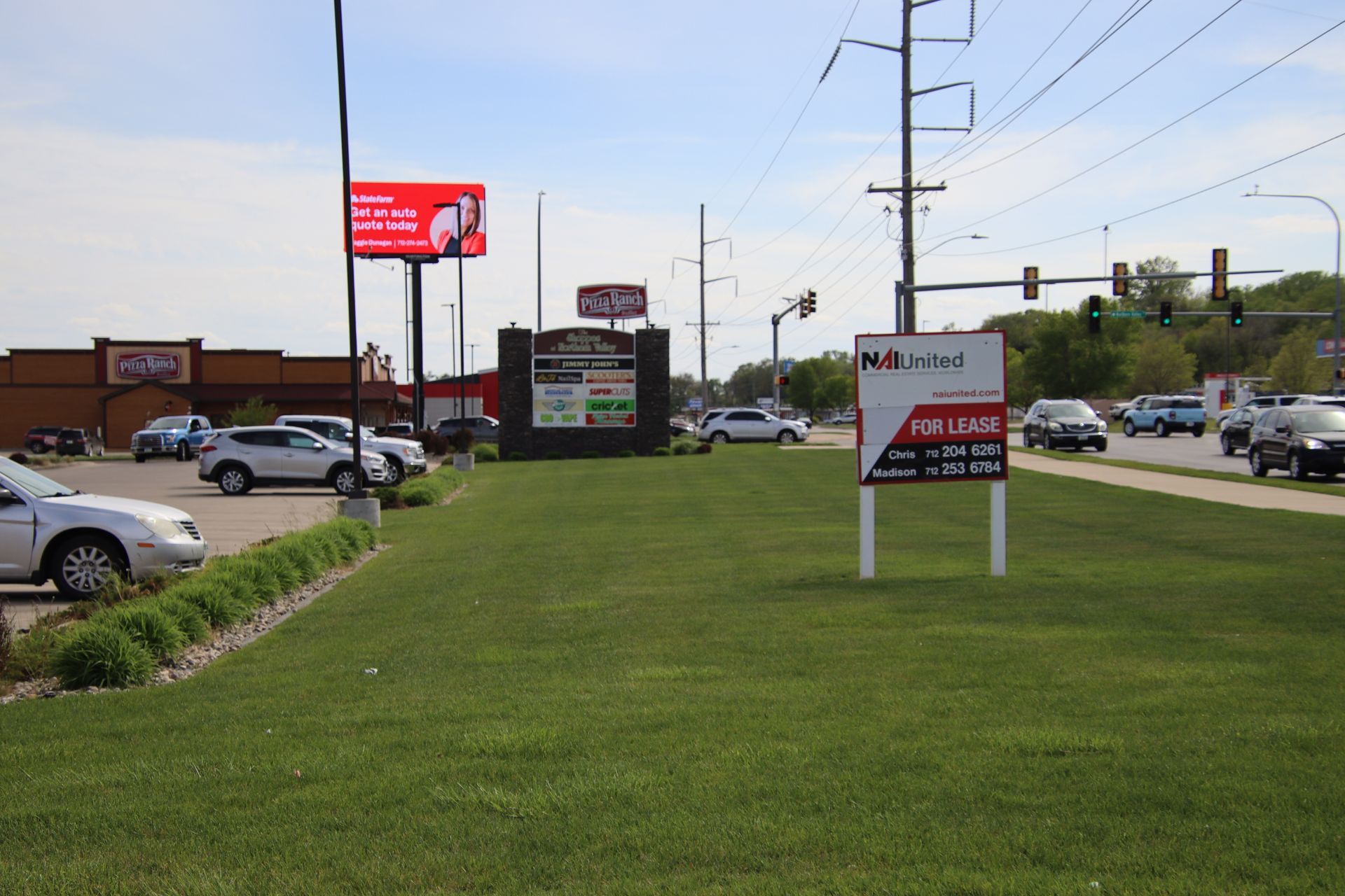 Grassy roadside lot with signs, parked cars, and traffic lights along a busy street