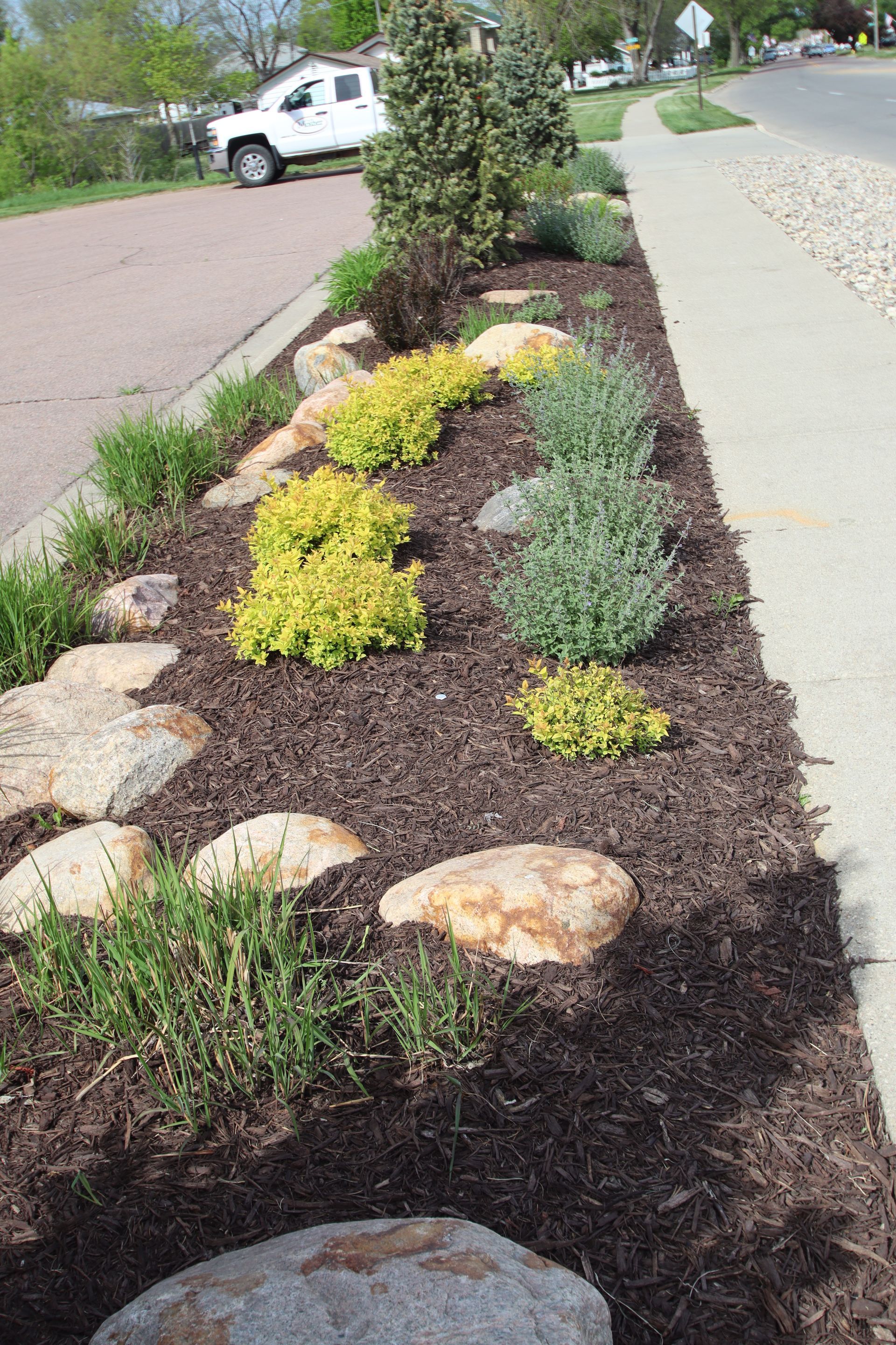 Mulched roadside flower bed with rocks and small shrubs beside a sidewalk and street
