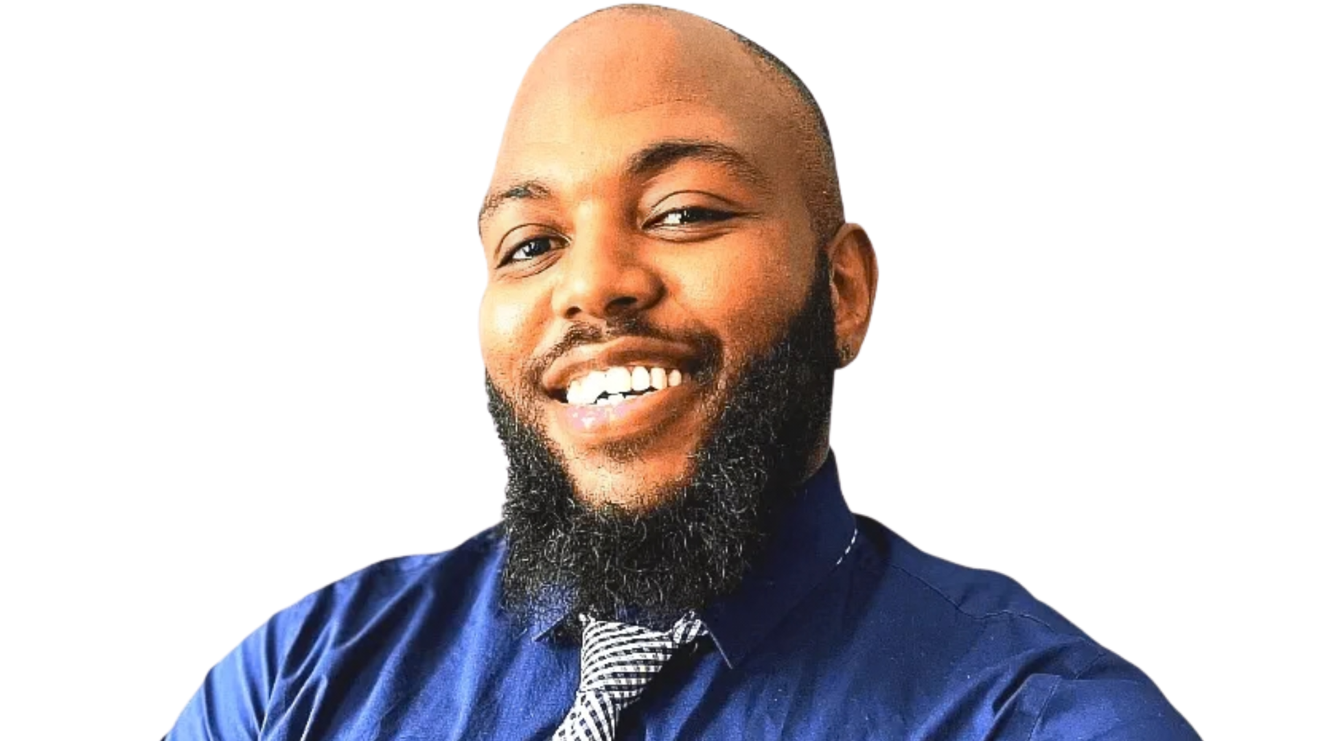 Smiling bald man with a beard wearing a blue shirt and tie against a white background